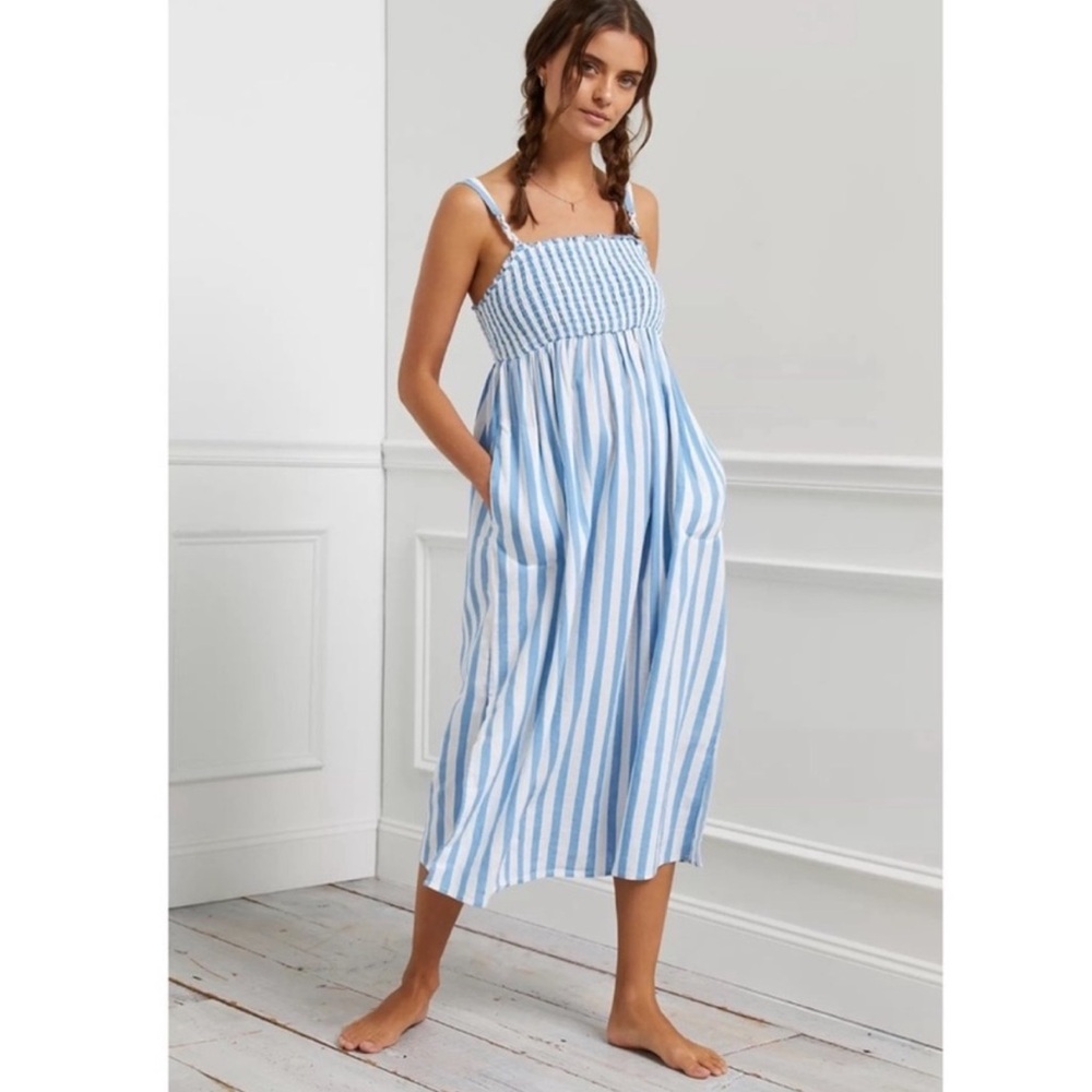 Anthropologie Zinnia Midi Dress Smocked Blue White Stripes Linen Blend